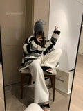 DERMEARNE Women's Soft Mink Wool Knitted Wide-leg Pants Autumn Winter Thick Oversized Loose Floor Length Pants Korean Lace Up Pants
