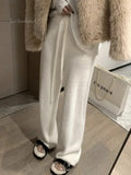 DERMEARNE Women's Soft Mink Wool Knitted Wide-leg Pants Autumn Winter Thick Oversized Loose Floor Length Pants Korean Lace Up Pants