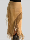 DERMEARNE Women's Tassel Skirt Vintage High Asymmetric Hem India Folk Straight Solid Casual High Street Autumn Fashion Female Split Skirts
