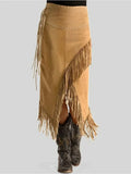 DERMEARNE Women's Tassel Skirt Vintage High Asymmetric Hem India Folk Straight Solid Casual High Street Autumn Fashion Female Split Skirts