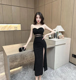 Women's White Elegant Birthday Evening Party Strapless Long Dress Summer Black Sexy Club Backless High Split Gowns Dress Fashion