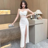Women's White Elegant Birthday Evening Party Strapless Long Dress Summer Black Sexy Club Backless High Split Gowns Dress Fashion