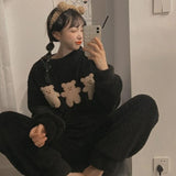 DERMEARNE Women's Winter Pajamas Set Fleece Casual Solid Top Thick Warm Sleepwear and Plaid Pants Soft Pijamas Set for Women Home Suit