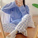 DERMEARNE Women's Winter Pajamas Set Fleece Casual Solid Top Thick Warm Sleepwear and Plaid Pants Soft Pijamas Set for Women Home Suit