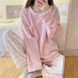 DERMEARNE Women's Winter Pajamas Set Fleece Casual Solid Top Thick Warm Sleepwear and Plaid Pants Soft Pijamas Set for Women Home Suit