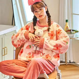 DERMEARNE Women's Winter Pajamas Set Fleece Casual Solid Top Thick Warm Sleepwear and Plaid Pants Soft Pijamas Set for Women Home Suit
