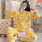 DERMEARNE Women's Winter Pajamas Set Fleece Casual Solid Top Thick Warm Sleepwear and Plaid Pants Soft Pijamas Set for Women Home Suit