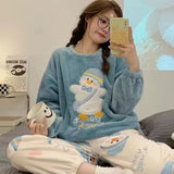 DERMEARNE Women's Winter Pajamas Set Fleece Casual Solid Top Thick Warm Sleepwear and Plaid Pants Soft Pijamas Set for Women Home Suit