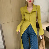 DERMEARNE Women sexy knit V-neck reverse neck split dress autumn winter full sleeve elastic basic body sweater E1694