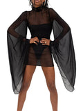 DERMEARNE Womens Bikini Cover Up See-through Beach Mini Dress Flare Sleeve Turtleneck Swimsuit Summer Beachwear