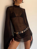 DERMEARNE Womens Bikini Cover Up See-through Beach Mini Dress Flare Sleeve Turtleneck Swimsuit Summer Beachwear