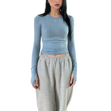 DERMEARNE Womens Long Sleeve Crop Tops Basic Slim Fitted Shirts Casual Fashion Solid Color 2024 Y2k Tops Teen Girl Clothes with Thumb Hole