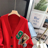 DERMEARNE Womens Long Sleeve Knitted Cardigan Solid Color Cartoon Outfits Button Down V-neck Loose Sweater Coat