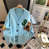 DERMEARNE Womens Long Sleeve Knitted Cardigan Solid Color Cartoon Outfits Button Down V-neck Loose Sweater Coat