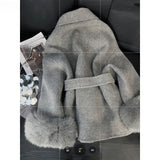 DERMEARNE Wool & Blends Overcoats Women Faux Fur Long Sleeve Coat Office Lady Trench Winter Clothes Top Grey Jackets Vintage Streetwear