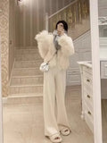DERMEARNE Wool Straight High Waist Knited Wide-Leg Pants for Women Autumn and Winter Casual Pants Looseand Lazy Style Draping Moving Pants