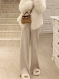 DERMEARNE Wool Straight High Waist Knited Wide-Leg Pants for Women Autumn and Winter Casual Pants Looseand Lazy Style Draping Moving Pants