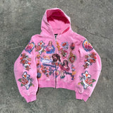 DERMEARNE Y2K Harajuku Retro Oversized Zipper Hoodie Street American Style Cross Print Hoodie Trendy Casual All-match Sweatshirt Jacket