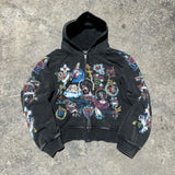 DERMEARNE Y2K Harajuku Retro Oversized Zipper Hoodie Street American Style Cross Print Hoodie Trendy Casual All-match Sweatshirt Jacket
