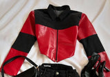 DERMEARNE Y2K Women Streetwear Heart Shape Leather Outfit Two Piece Harajuku Gothic Jacket Cropped Denim Patchwork Pleated Mini Skirt Suit