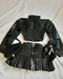 DERMEARNE Y2K Women Streetwear Heart Shape Leather Outfit Two Piece Harajuku Gothic Jacket Cropped Denim Patchwork Pleated Mini Skirt Suit