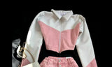 DERMEARNE Y2K Women Streetwear Heart Shape Leather Outfit Two Piece Harajuku Gothic Jacket Cropped Denim Patchwork Pleated Mini Skirt Suit