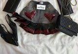 DERMEARNE Y2K Women Streetwear Heart Shape Leather Outfit Two Piece Harajuku Gothic Jacket Cropped Denim Patchwork Pleated Mini Skirt Suit