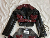 DERMEARNE Y2K Women Streetwear Heart Shape Leather Outfit Two Piece Harajuku Gothic Jacket Cropped Denim Patchwork Pleated Mini Skirt Suit
