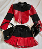 DERMEARNE Y2K Women Streetwear Heart Shape Leather Outfit Two Piece Harajuku Gothic Jacket Cropped Denim Patchwork Pleated Mini Skirt Suit