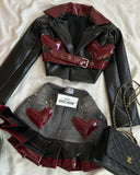 DERMEARNE Y2K Women Streetwear Heart Shape Leather Outfit Two Piece Harajuku Gothic Jacket Cropped Denim Patchwork Pleated Mini Skirt Suit