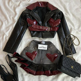DERMEARNE Y2K Women Streetwear Heart Shape Leather Outfit Two Piece Harajuku Gothic Jacket Cropped Denim Patchwork Pleated Mini Skirt Suit