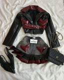 DERMEARNE Y2K Women Streetwear Heart Shape Leather Outfit Two Piece Harajuku Gothic Jacket Cropped Denim Patchwork Pleated Mini Skirt Suit