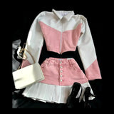 DERMEARNE Y2K Women Streetwear Heart Shape Leather Outfit Two Piece Harajuku Gothic Jacket Cropped Denim Patchwork Pleated Mini Skirt Suit