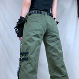 DERMEARNE Y2k Women Green Zipper Jeans Grunge Punk Gothic Baggy Retro Bandage Long Pants Low Rise Cargo Korean Female Sweatpants