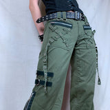 DERMEARNE Y2k Women Green Zipper Jeans Grunge Punk Gothic Baggy Retro Bandage Long Pants Low Rise Cargo Korean Female Sweatpants