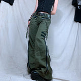 DERMEARNE Y2k Women Green Zipper Jeans Grunge Punk Gothic Baggy Retro Bandage Long Pants Low Rise Cargo Korean Female Sweatpants