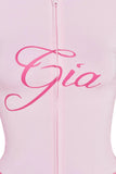 Dermearne iamgia Slim shoulder monogram print bright thread design slim hooded zipper short jacket trouser suit