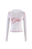 Dermearne iamgia Slim shoulder monogram print bright thread design slim hooded zipper short jacket trouser suit