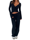 DERMEARNE wsevypo Women 2-piece Tops Pants Sets Solid Color Long Sleeve Waist Tied Cropped T-shirt and Elastic Waist Pants Loungewear Set