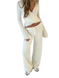 DERMEARNE wsevypo Women 2-piece Tops Pants Sets Solid Color Long Sleeve Waist Tied Cropped T-shirt and Elastic Waist Pants Loungewear Set