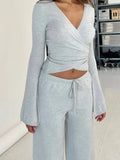 DERMEARNE wsevypo Women 2-piece Tops Pants Sets Solid Color Long Sleeve Waist Tied Cropped T-shirt and Elastic Waist Pants Loungewear Set